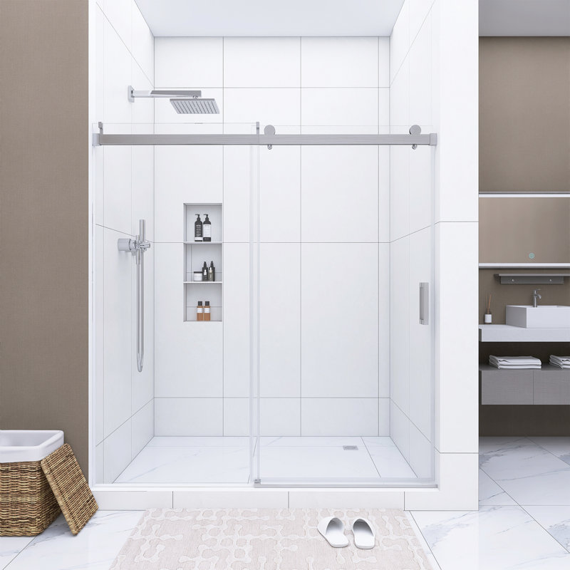 68 à 72 po X P 76 po H Porte de douche coulissante simple sans cadre au fini nickel brossé, Nickel brossé