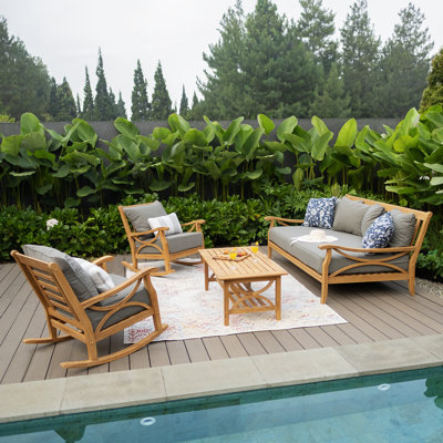 Brunswick 5-Person Teak Outdoor Patio Conversation Set with Rocking Chairs and Cushions