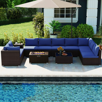 12 PCS Patio Wicker Sectional Sofa Set with 32” Propane Fire Pit Table Tank Holder Navy