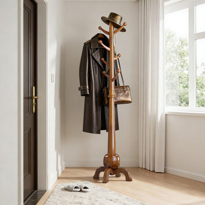 Portemanteau en bois massif autoportant avec 8 crochets, portemanteau robuste pour entrée, chambre à coucher ou bureau, capacité de charge de 240 lb, base stable
