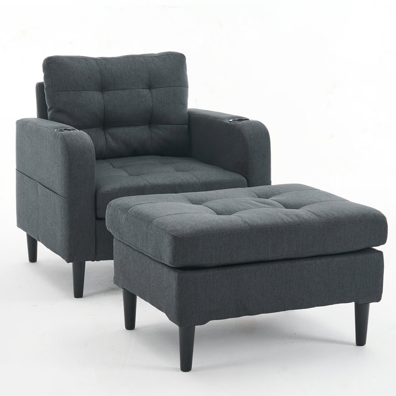 Ensemble de fauteuil rembourré avec repose-pieds et porte-gobelet Jurnei, Lin gris foncé