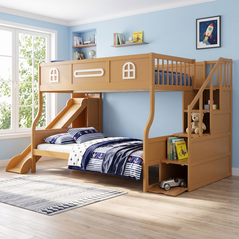 Lit superposé double au-dessus de grand lit PlayNest avec glissière et escalier de rangement pour enfants, Natural