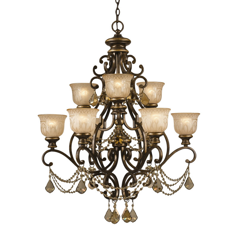 Tusten 9 - Light Shaded Classic / Traditional Chandelier with Crystal Accents, Golden Teak Majestic Wood Polished