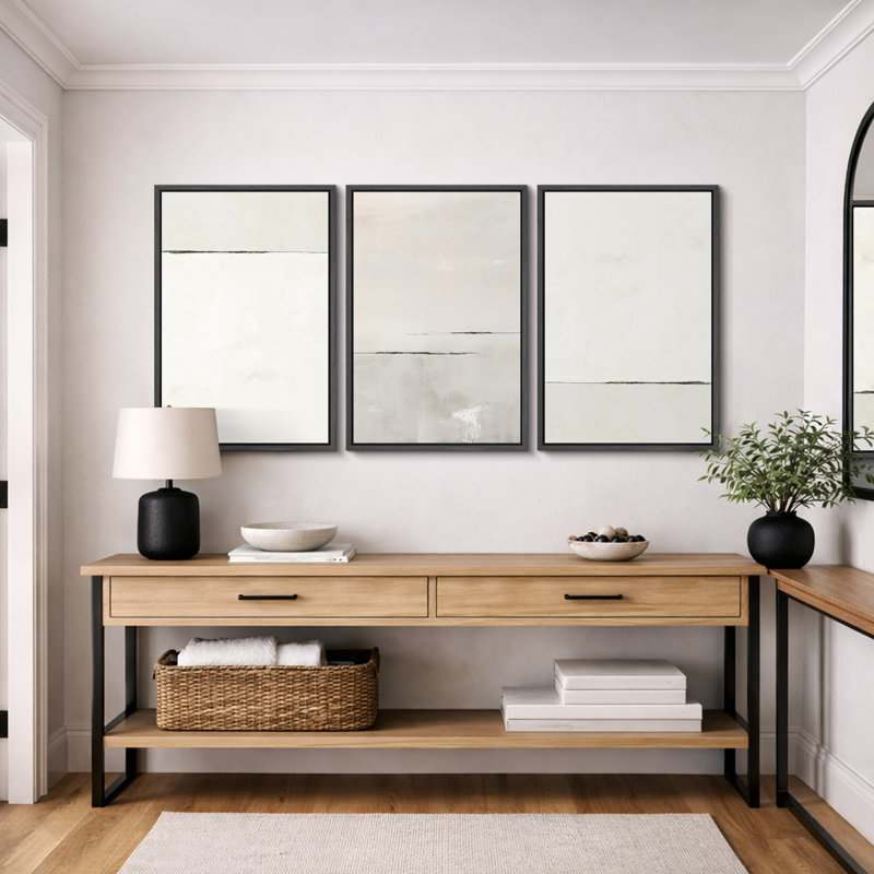 Minimalist "Beige & Gray Tunes Abstract Horizon Lines Artwork, Simple Neutral Modern Wall Pictures, Framed Canvas Giclée Print 3 Pieces Wall Art x3 pcs