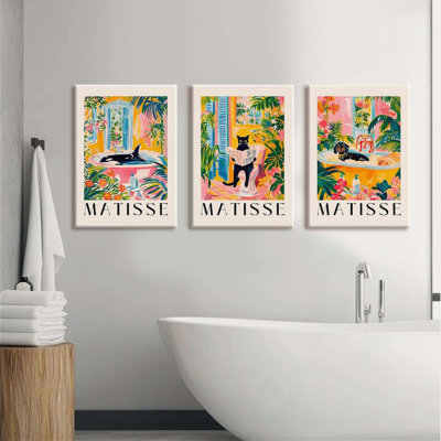 Funny Animal Bathroom Wall Art Black Cat Canvas Wall Decor Matisse Bathtub Art Poster Funny Bathroom Pictures Cute Animal Prints Painting Pink Tropical Artwork For Toilet 12X16x3 Inch Ready To Hang