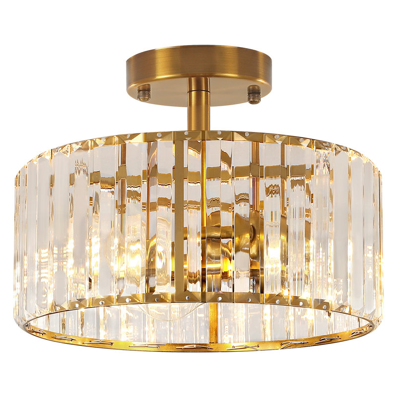 11" Gold and Crystal Drum Semi Flush Mount Ceiling Light Fixture