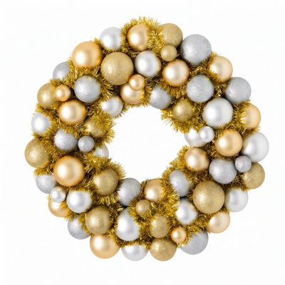 Couronne de Noël artificielle 17,7 pouces avec ornements or, argent et blanc perle