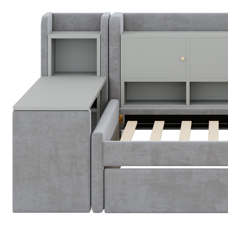 Lit de jour rembourré avec tiroirs, tablettes, armoires rabattables et table d'appoint, Gris