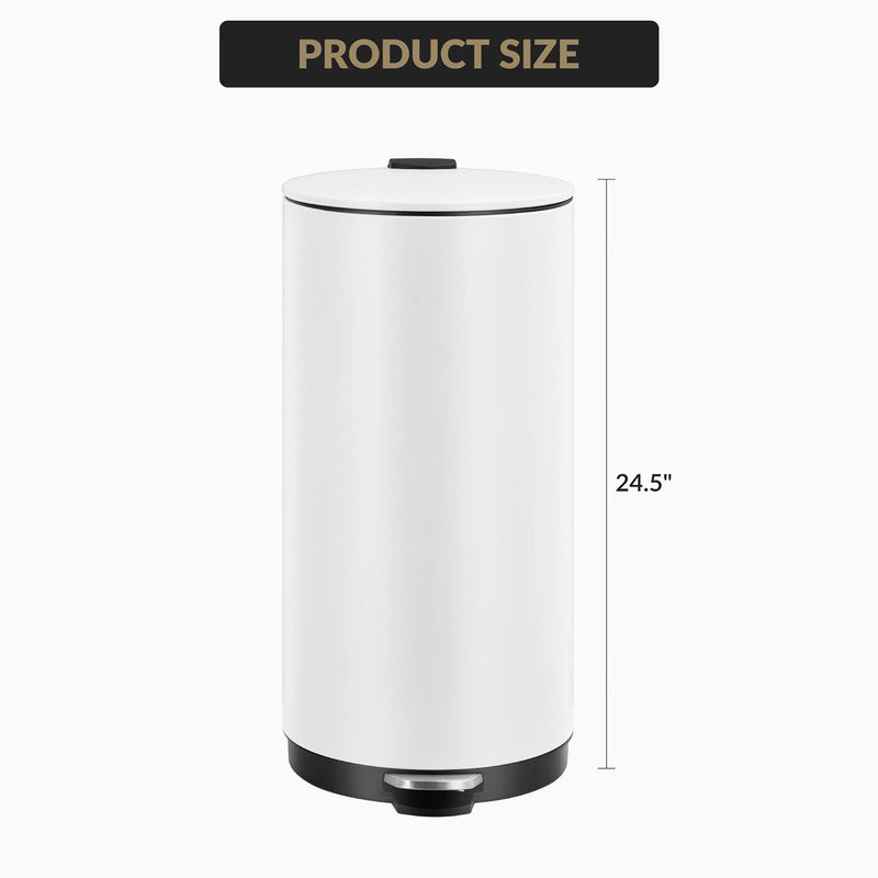 Poubelle à pédale en acier inoxydable 8 gallons avec couvercle à fermeture en douceur et seau amovible, Blanc
