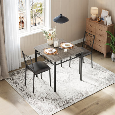 Farmhouse 3-Piece Dining Table Set for 2, Wood Kitchen Table with Upholstered PU Chairs, Space-Saving Apartment Furniture