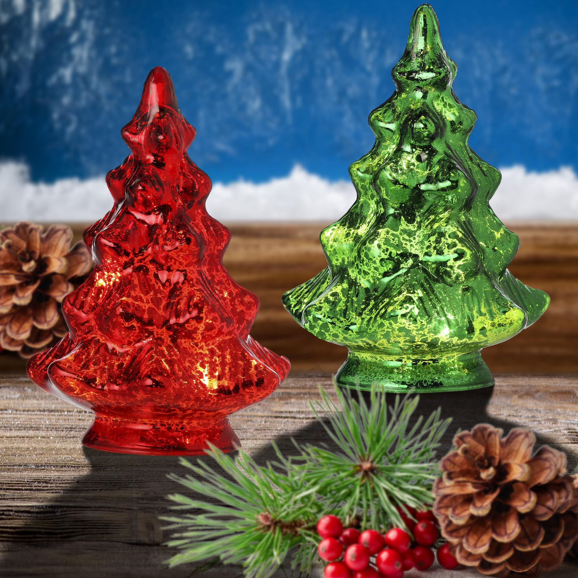 5" LED Glass Tree Set of 2, Red/Green