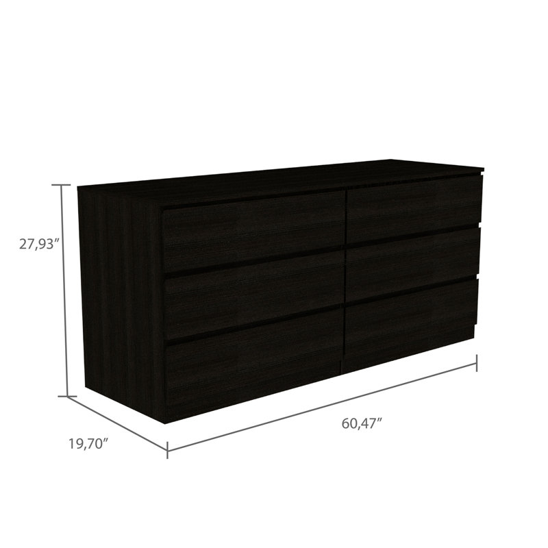 Commode double 6 tiroirs, plateau supérieur, noir, Noir