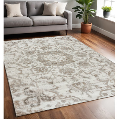 5' X 8' Cream Grey And Light Brown Medallion Area Rug