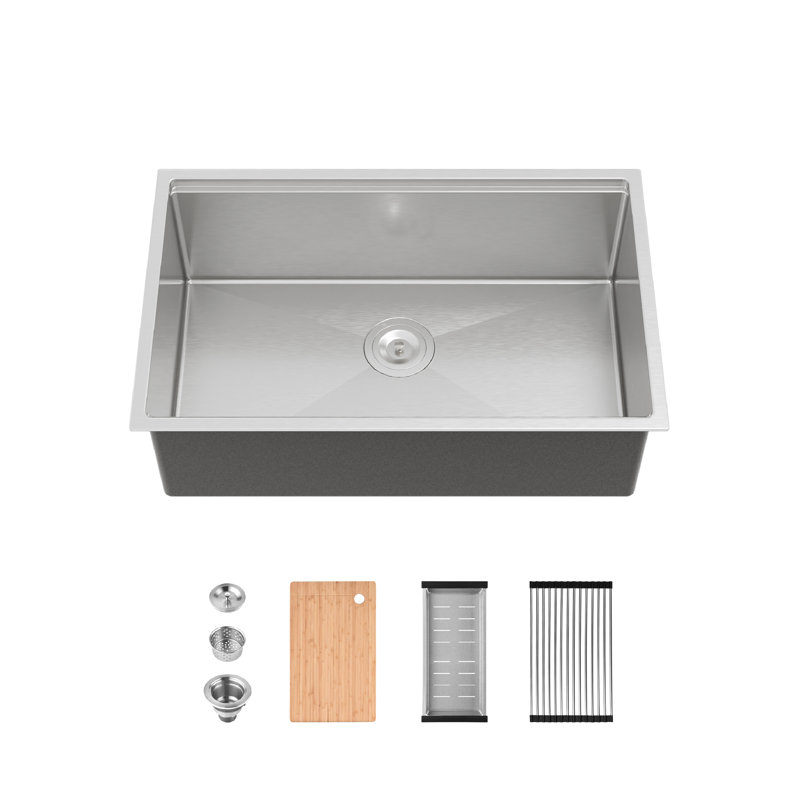 30" L Undermount Single Bowl Stainless Steel Kitchen Sink with Colander, Basket Strainer, Cutting Board, Dish Rack