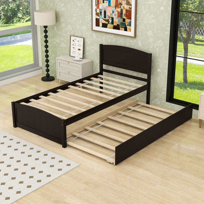 Lit plateforme simple en bois avec lit gigogne simple, Espresso