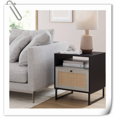Rattan Side Bedside Table with Storage for Living Room or Bedroom