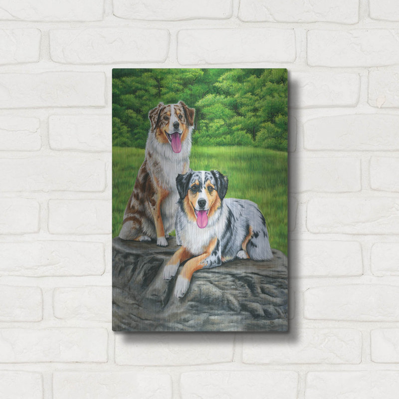 «Two Australian Shepherd Dogs» par Rebecca Wang, art mural en métal, H 16 po x l 12 po