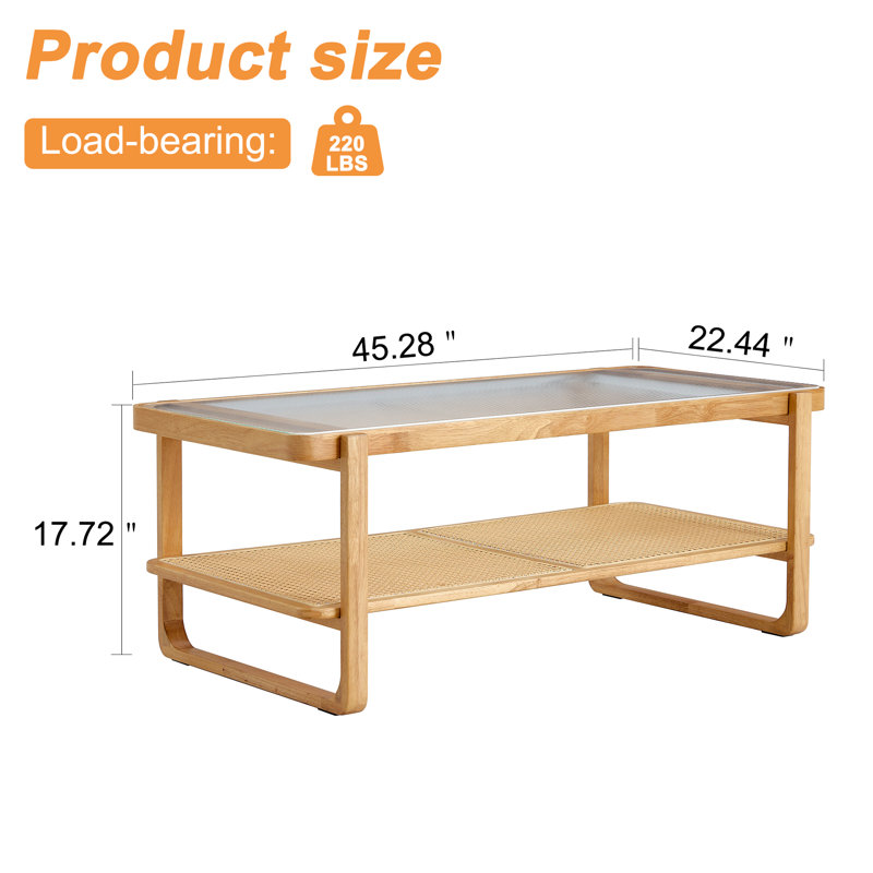 Mittal Sled Glass Top Wood Frame Rattan Coffee Table with Shelf, Natural