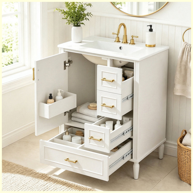 Meuble-lavabo moderne en céramique 24 po avec rangement à fermeture en douceur 24 po, Blanc