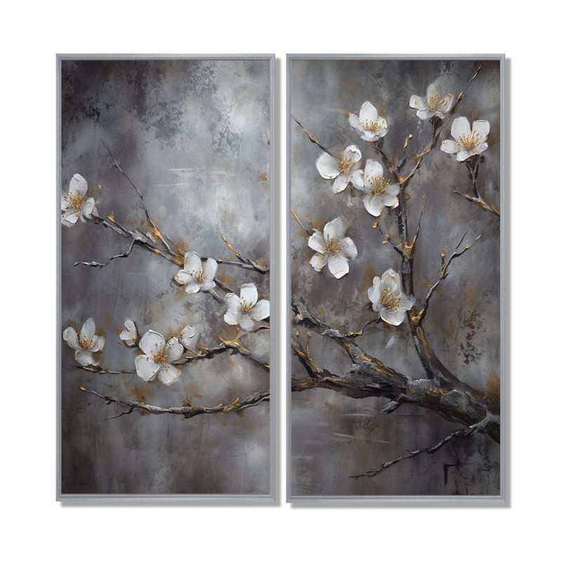 Harmonie II blanc et cerisier Blossum blanc - grand art mural floral 2 panneaux, 32" H x 32" W, Impression encadrée flottante