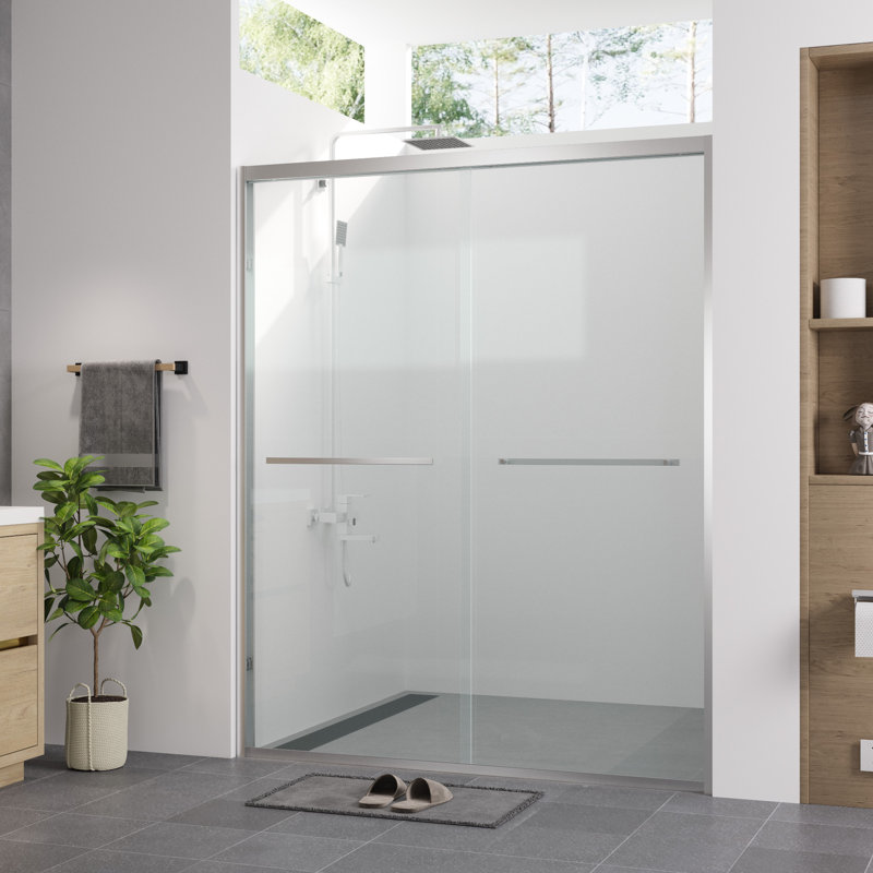 56 - 60" Width Finished Double Sliding Glass Shower Enclosure With Tempered Glass, Easy To Install And Rust In Bathroom Adjustable 1/4"  6Mm  Waterproof For