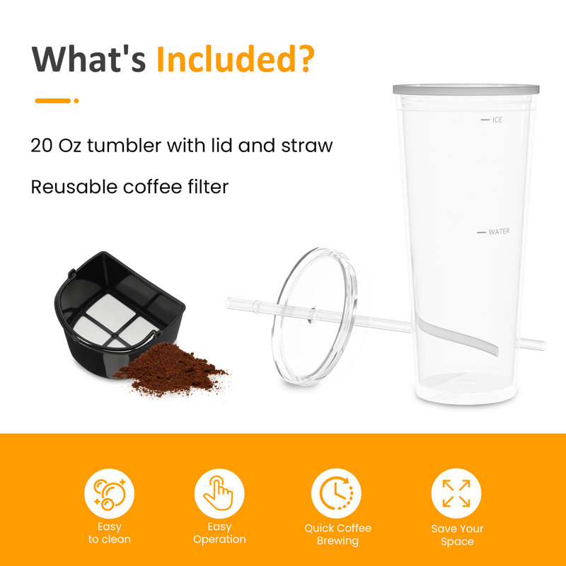 20 Oz Iced Coffee Maker For Ground Coffee, Cold Brew Tea Maker With Reusable Coffee Filter And Insulated Pitcher, Single Serve Machine For Home, Strength Control For Flavor