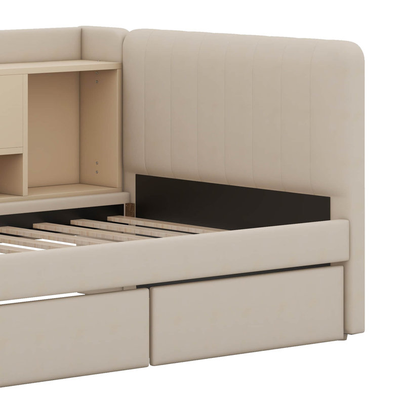 Lit de jour simple tapissier avec tiroirs, tablettes, armoires rabattables et table d'appoint, Beige
