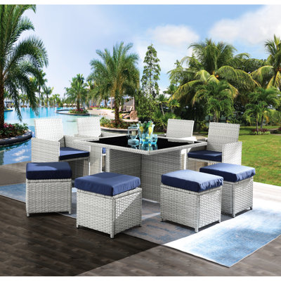 9 pièces Bistro en bleu et tissu avec 4 chaises, repose-pieds et table en tissu, repose-pieds, table de salle à manger