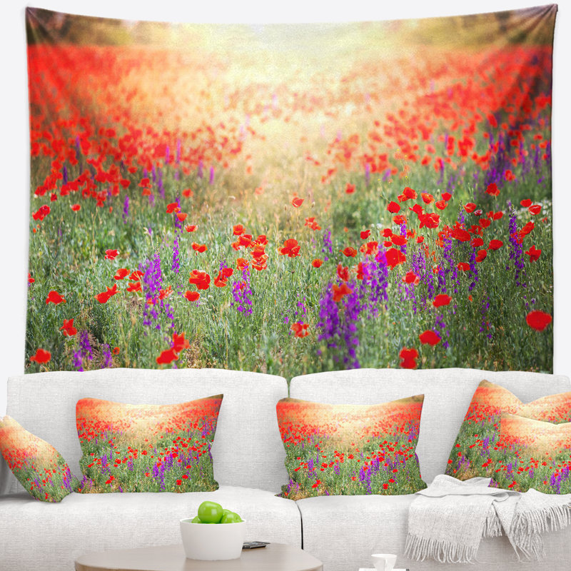 Tapisserie au champ de coquelicots, H 50 po x l 60 po