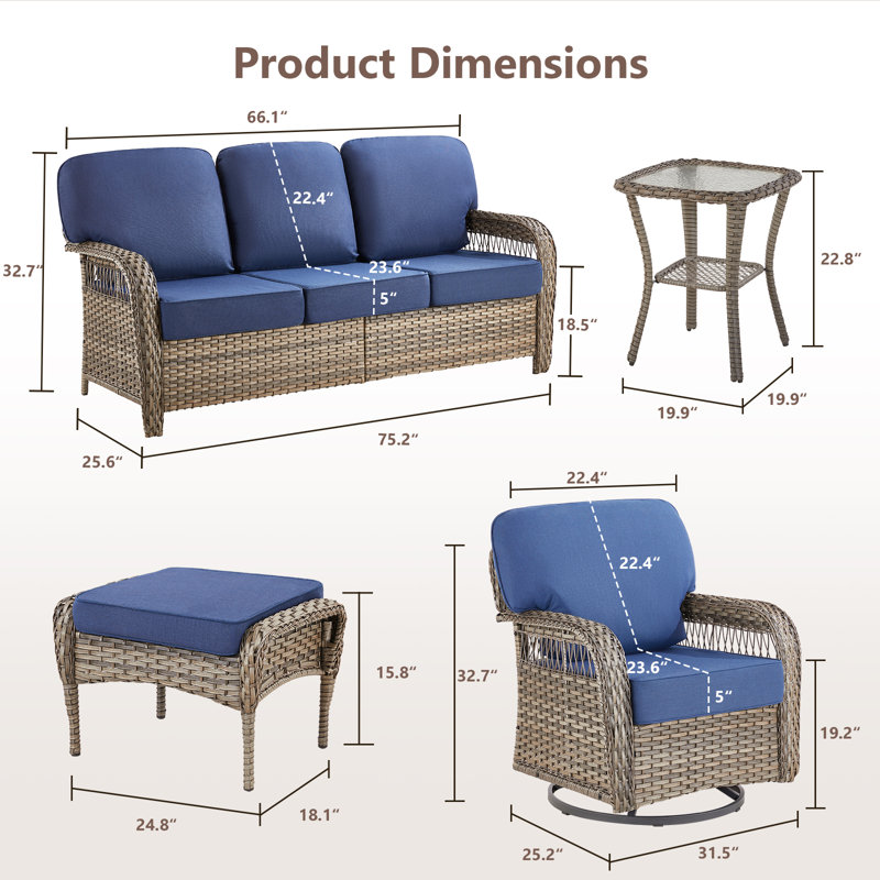 Ensemble de conversation d'extérieur en osier 7 pièces avec canapé, fauteuils pivotants, repose-pieds et tables d'appoint 7 pièces