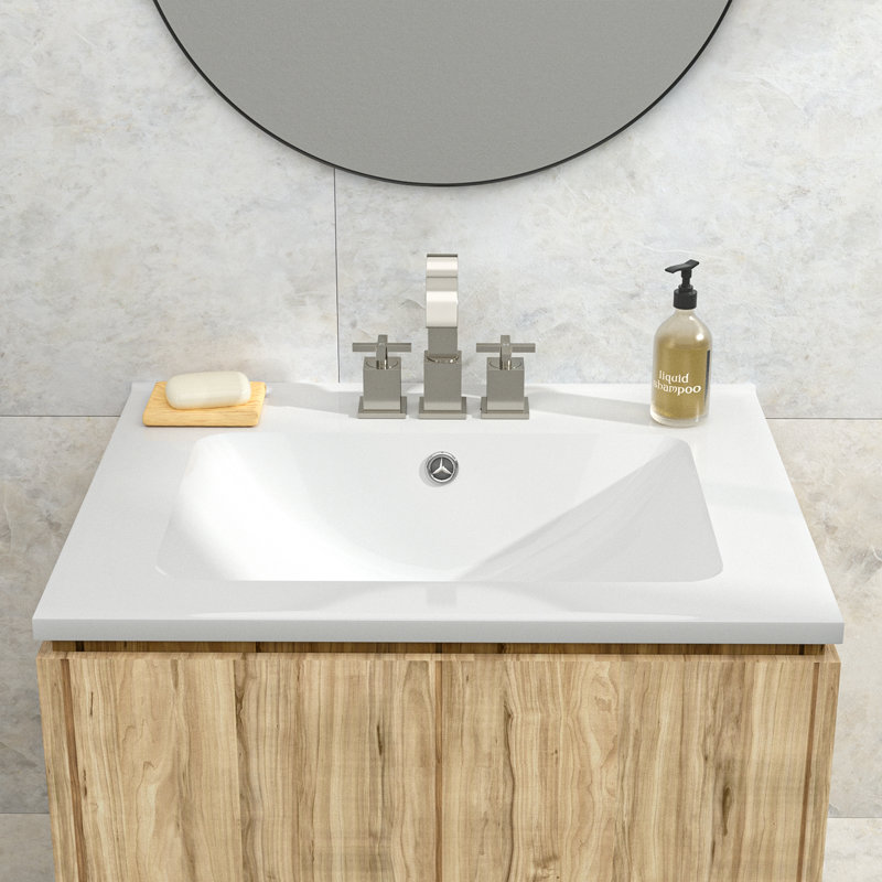 Lavabo de salle de bain encastré en céramique 24 po. X 19,7 po., Lavabo à poser sur le dessus avec 3 trous pré-percés et trop-plein