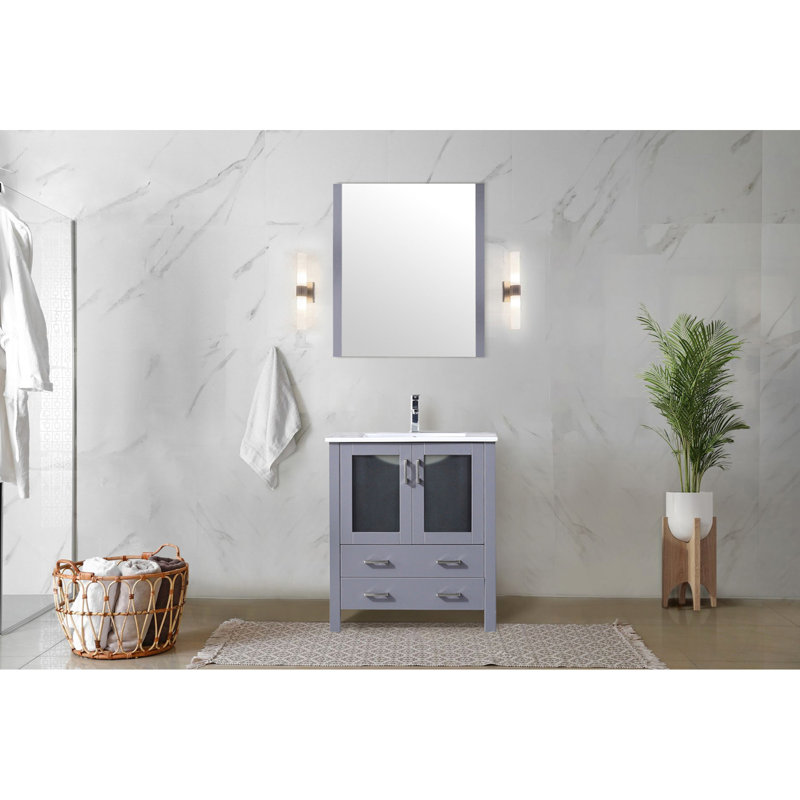 Gris foncé foncé 30 po W avec meuble-lavabo de 18,25 po de profondeur, surface en céramique blanche, robinet à un trou et miroir mural 28 po en acier inoxydable