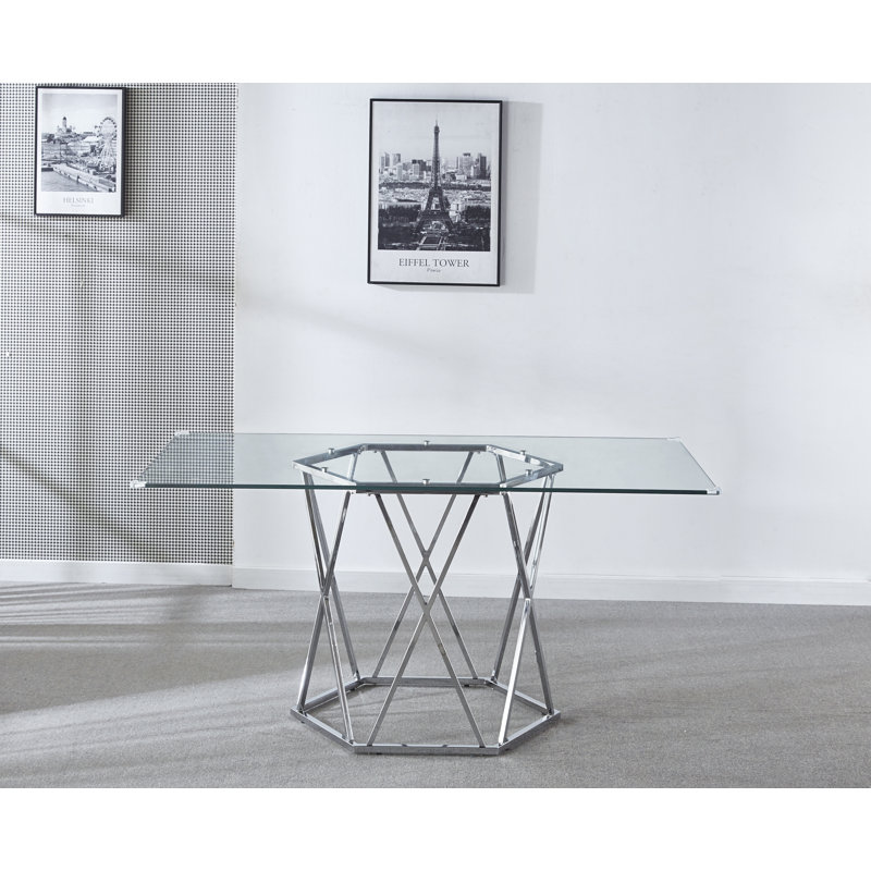 Glass Top Metal Base Dining Table, Silver