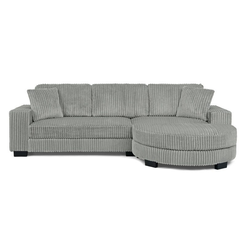 Canapé-lit en L en velours côtelé gris, rembourré avec style, assise et dossier confortables, structure en bois franc robuste, méridienne convertible, repose-pieds en forme d'arc pour canapé modulaire gris doux au toucher, modulaire, haut