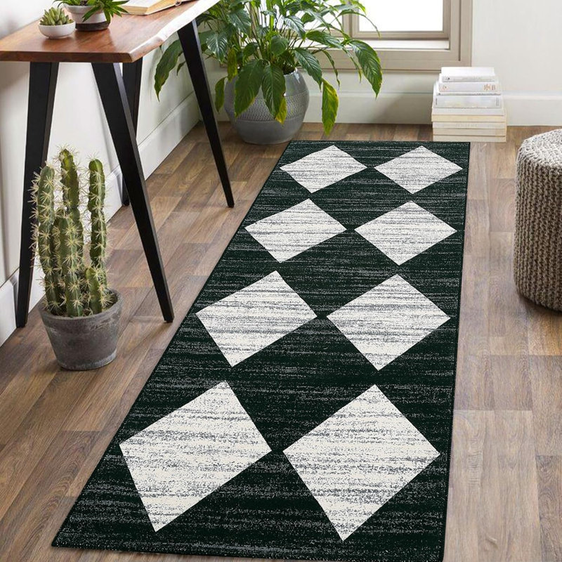 2x6 Washable Runner Rug, Modern Checkered, Non-Slip, Soft Carpet for Hallway, Kitchen, Bathroom, Black, Runner 2' x 6'