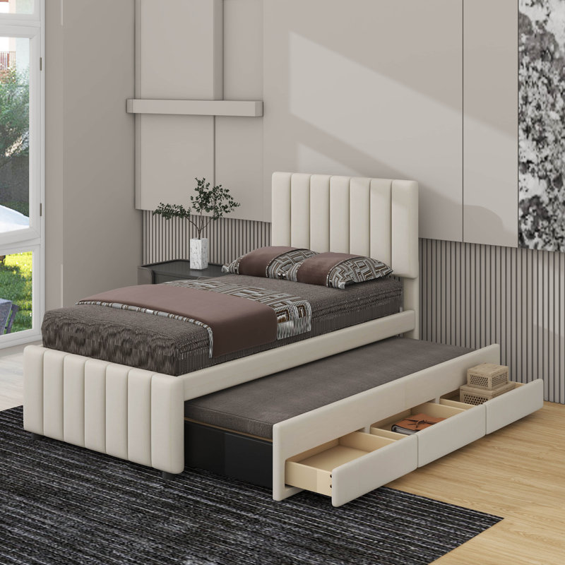 Lit plateforme simple tapissier avec lit gigogne et 3 tiroirs, Beige