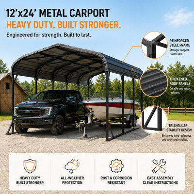 Abri d'auto 12 pi x 24 pi en métal robuste avec toit en acier galvanisé et éclairage à DEL solaire, abri très long pour remorque de camion