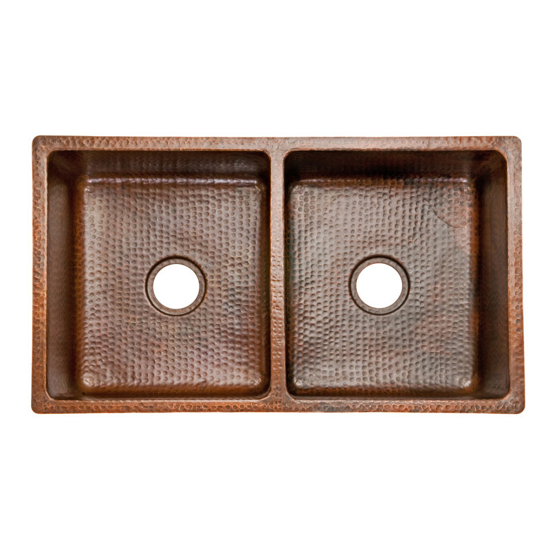 33" Hammered Copper Kitchen 50/50 Double Basin Sink with Matching Drains, and Accessories