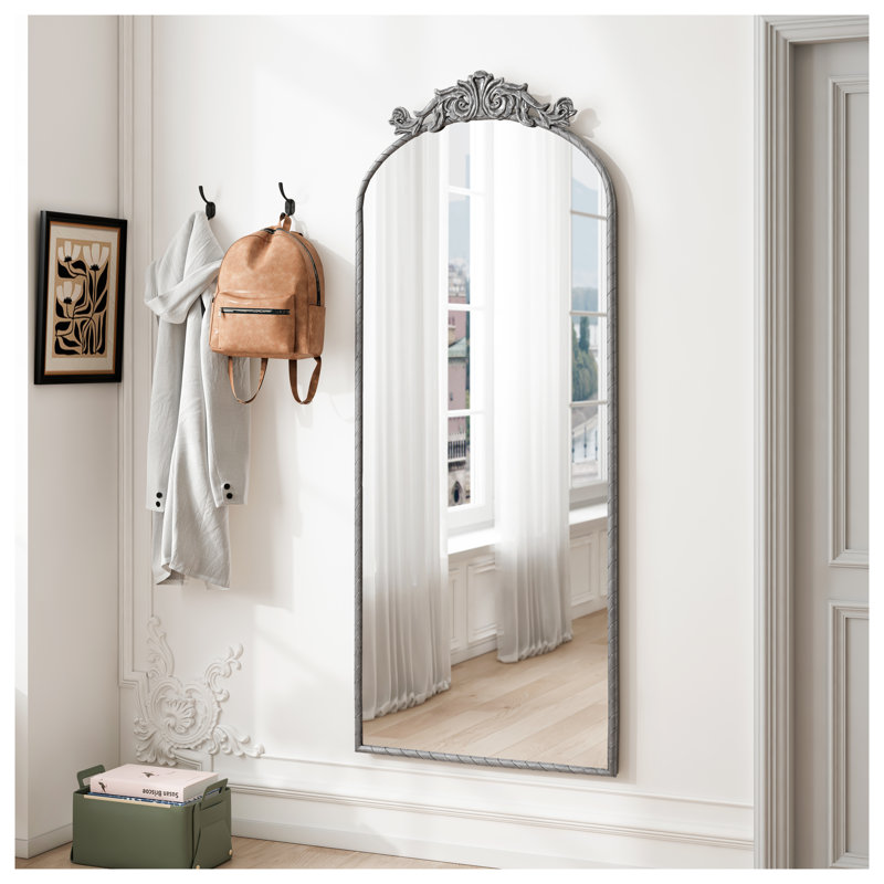 58"x24" Arched Full Body Mirror with Vintage Ornate Carved Design - Antique Silver Wall Mounted Decorative Mirror for Living Room & Bedroom