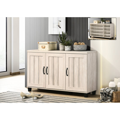 Armoire de rangement pour chaussures en chêne gris 45 po avec 3 portes et 6 tablettes réglables à 3 portes et plateau épais de 1,18 po