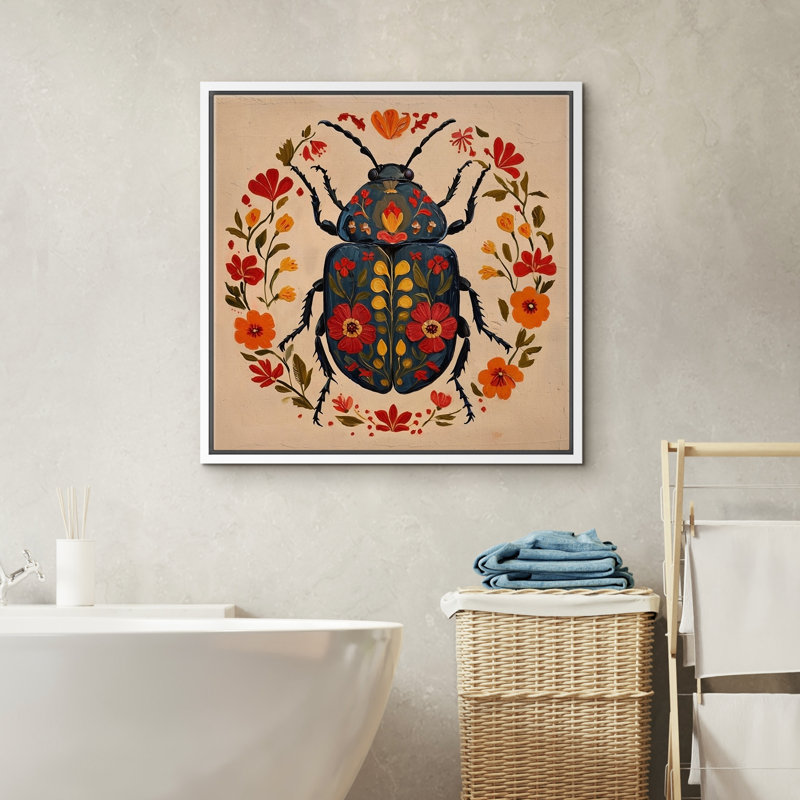 «Folk Art Beetle», reproduction d'art sur toile encadrée - Illustration d'insectes colorés avec des accents de couronne florale