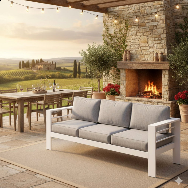 73" All-Weather Aluminum Patio Sofa, 3 Seat Outdoor Couch With Thick Cushions, Gray, White