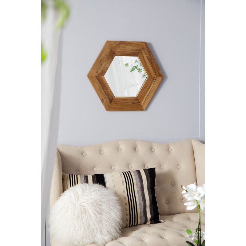 Miroir hexagonal avec cadre en bois, miroir de décoration murale pour le couloir de la salle de bain du salon, Naturel