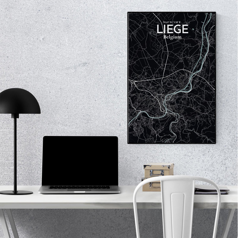 «Liege City Map», impression, Gris / noir, H 36 po x l 24 po