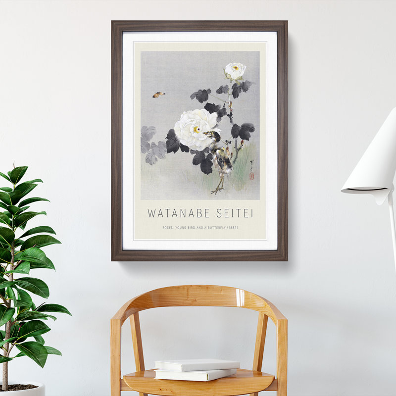 Young Bird and Butterfly Print by Watanabe Seitei - Picture Frame Painting, Walnut, 48cm H x 36cm W x 2cm D