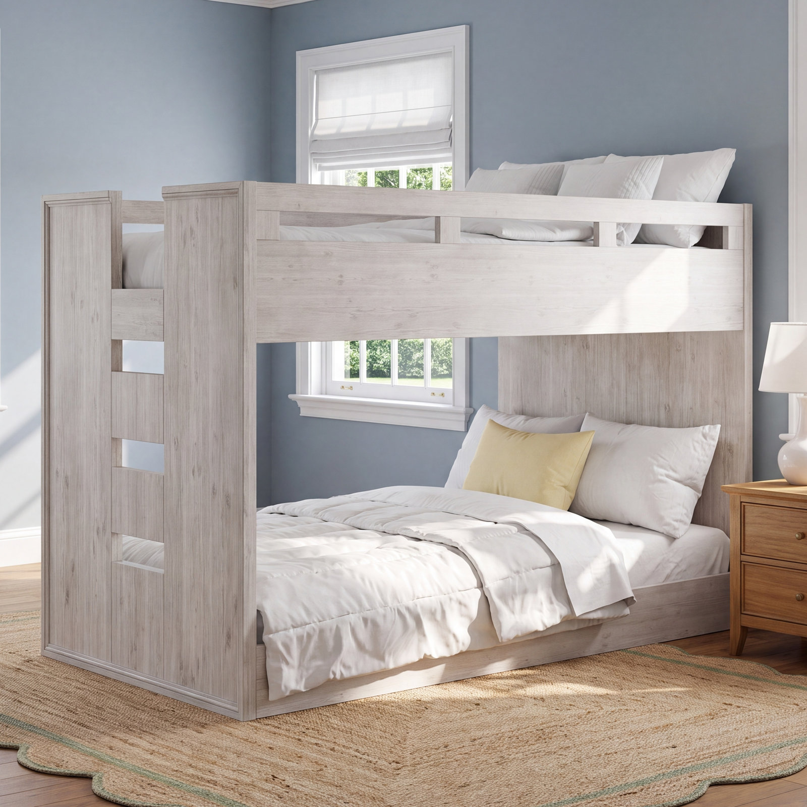 Jemma Solid Wood Bunk Bed, Washed Linen, Full over Full