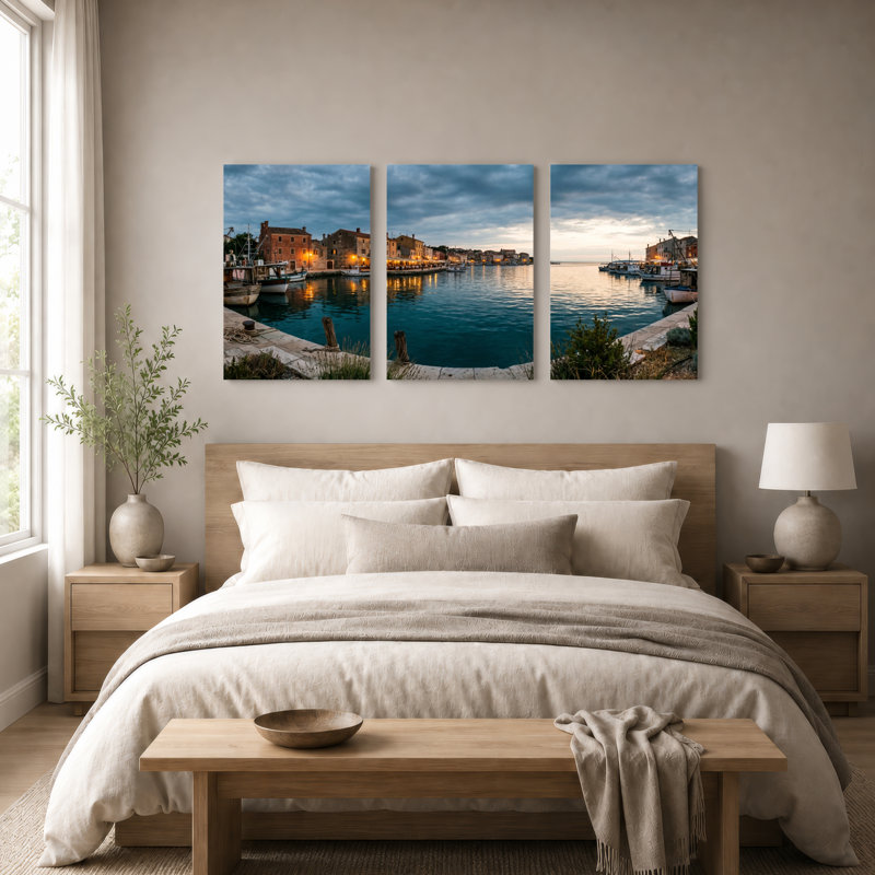 Ensemble de 3 toiles murales « Coucher de soleil sur le port » pour la décoration du salon, de la chambre et de la maison