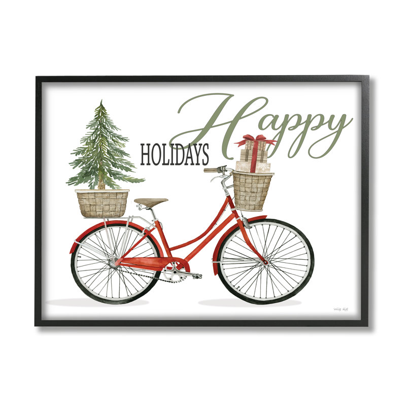 Joyeuses fêtes, bicyclette festive rouge présente un panier noir, estampe numérique texturée de Cindy Jacobs