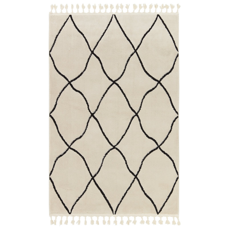 Ivory and Black Rectangular Trellis Shag Area Rug