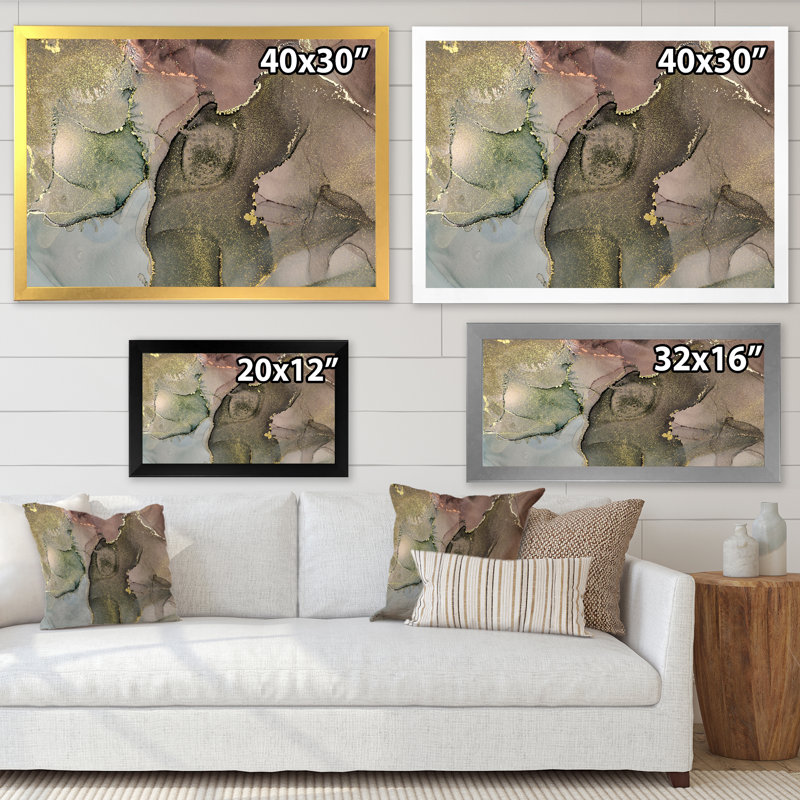 " Grey And Green Liquid Art I ", White Picture Framed, 16'' H x 32'' W